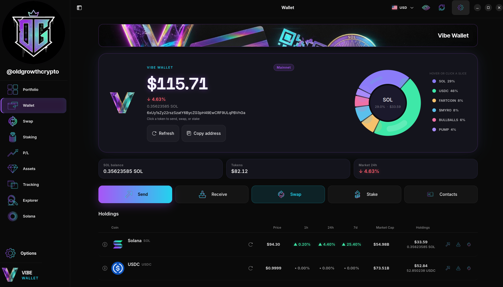VIBE Wallet home — Solana balance, donut, send swap stake